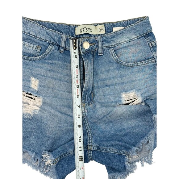Krísy Bermuda Shorts Womens 36 Blue Distressed Denim High Rise Frayed Hem Resort - Picture 6 of 9